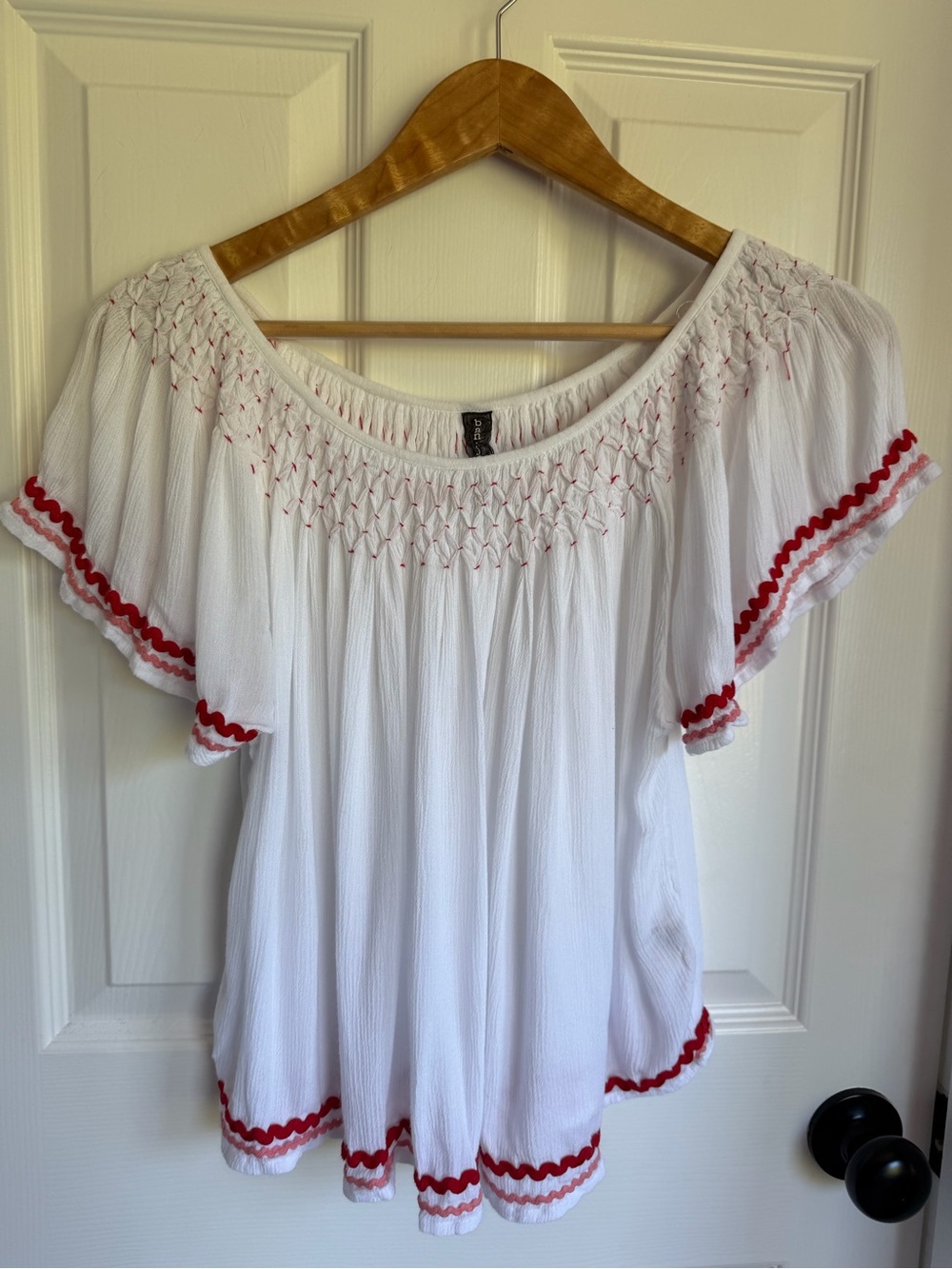 Banjara White Red Smocked Peasant Top